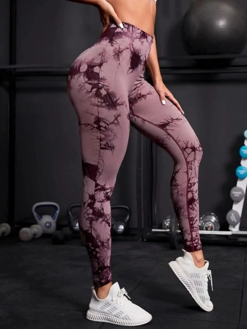 Leggings de cintura alta sem costura femininas leggings tie-dye fitness esportes corrida calças de ioga levantamento de quadril elástico tricô collants