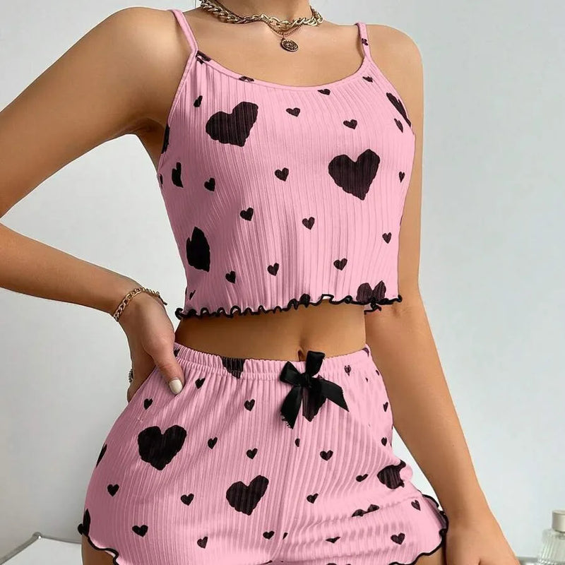 Conjunto de pijamas femininos, 2 peças, regata curta e shorts,  branco, ventilado, macio, casual, estampa de amor
