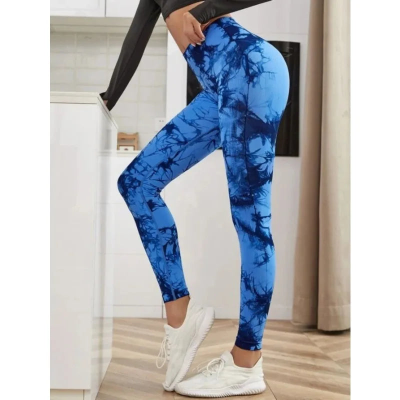 Leggings de cintura alta sem costura femininas leggings tie-dye fitness esportes corrida calças de ioga levantamento de quadril elástico tricô collants