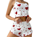 Conjunto de pijamas femininos, 2 peças, regata curta e shorts,  branco, ventilado, macio, casual, estampa de amor