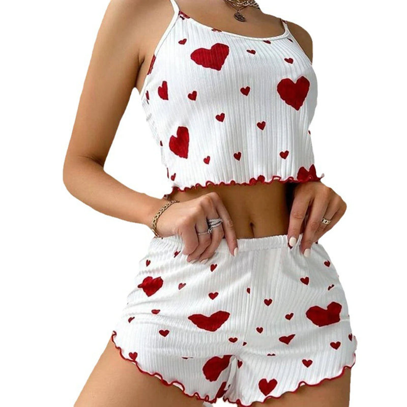 Conjunto de pijamas femininos, 2 peças, regata curta e shorts,  branco, ventilado, macio, casual, estampa de amor