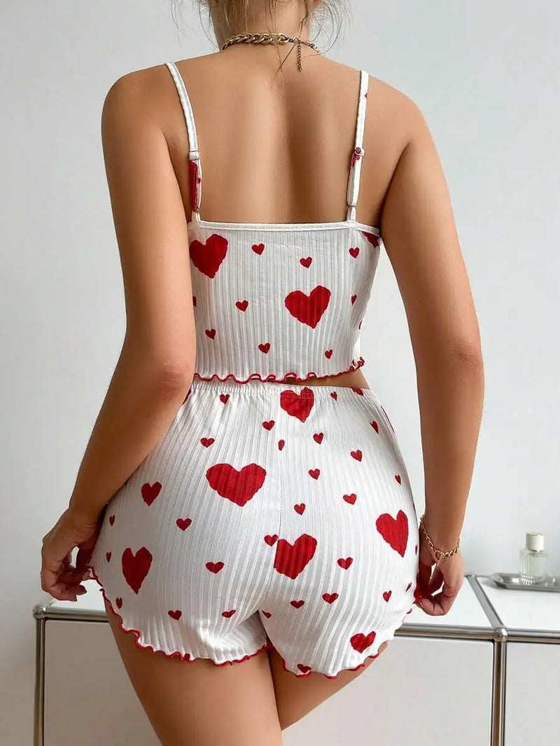 Conjunto de pijamas femininos, 2 peças, regata curta e shorts,  branco, ventilado, macio, casual, estampa de amor