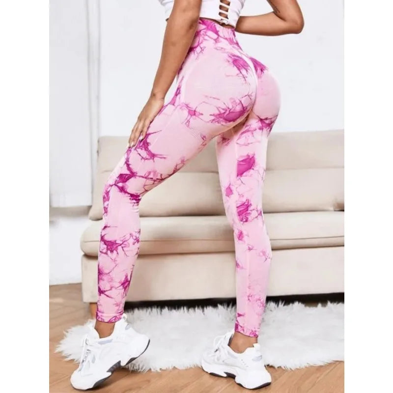 Leggings de cintura alta sem costura femininas leggings tie-dye fitness esportes corrida calças de ioga levantamento de quadril elástico tricô collants