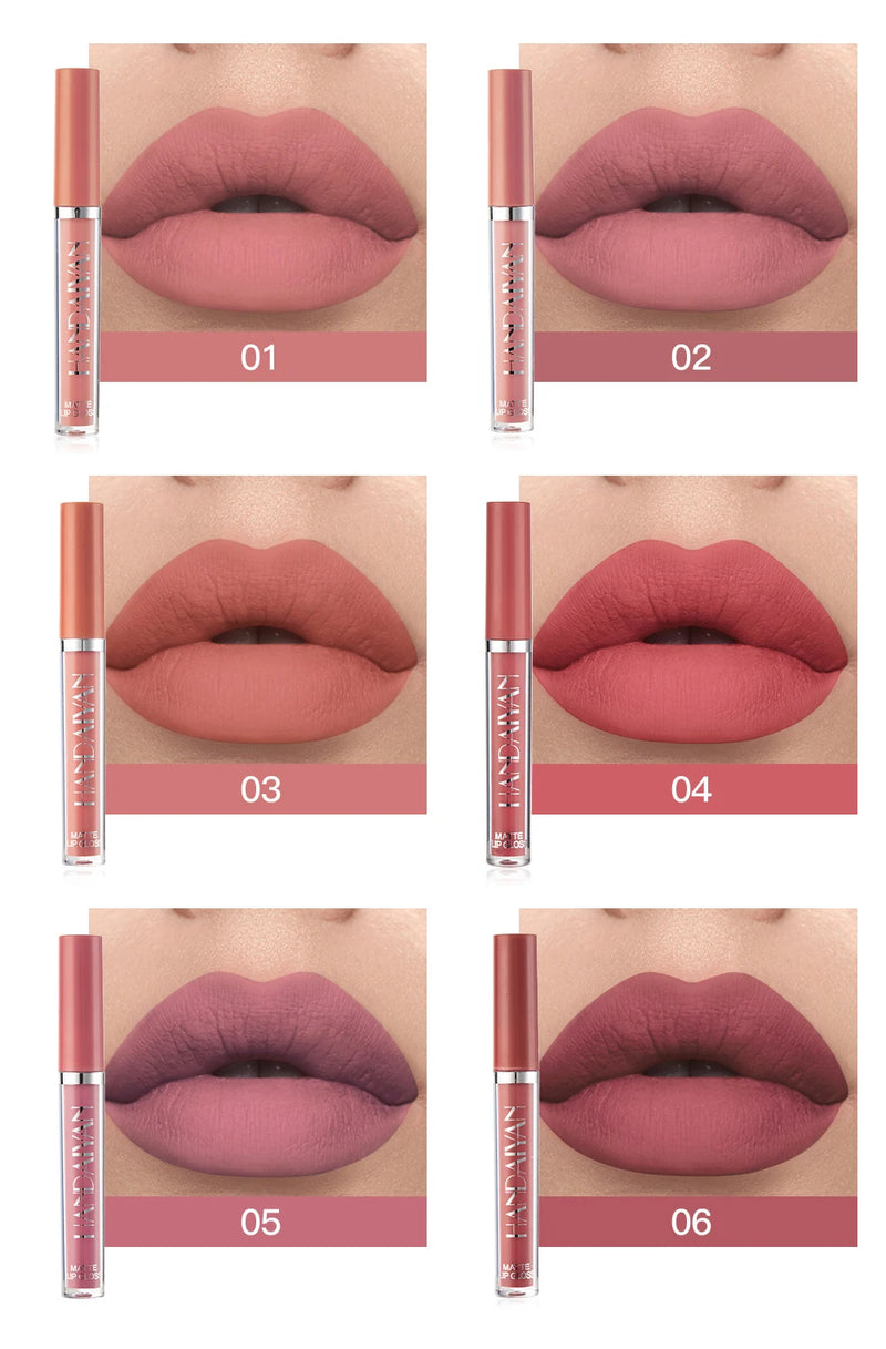 HANDAIYAN Conjunto de 6 Batons Líquidos  
Batons de longa duração com acabamento fosco, antiaderentes e resistentes ao desbotamento. Inclui brilho labial para versatilidade. Perfeito para um visual sofisticado e duradouro,