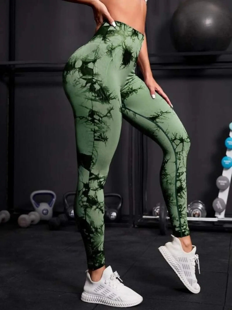 Leggings de cintura alta sem costura femininas leggings tie-dye fitness esportes corrida calças de ioga levantamento de quadril elástico tricô collants