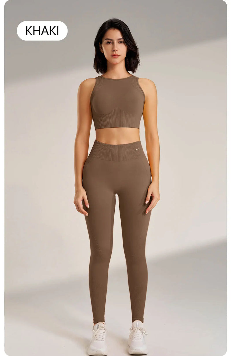 Conjunto de roupas de yoga feminino leggings de cintura alta e superior de duas peças sem costura roupas de exercício de fitness roupa interior de treino de fitness