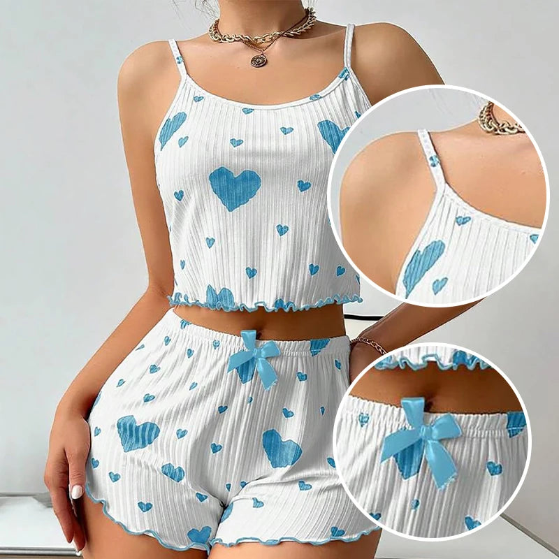 Conjunto de pijamas femininos, 2 peças, regata curta e shorts,  branco, ventilado, macio, casual, estampa de amor