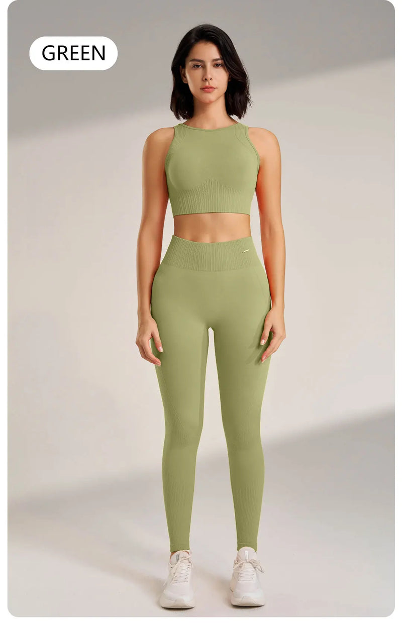 Conjunto de roupas de yoga feminino leggings de cintura alta e superior de duas peças sem costura roupas de exercício de fitness roupa interior de treino de fitness