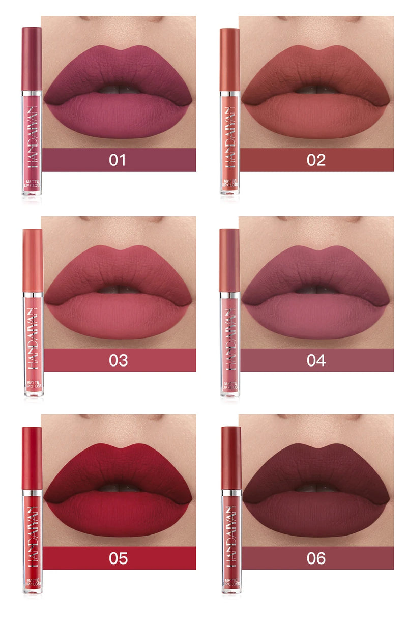 HANDAIYAN Conjunto de 6 Batons Líquidos  
Batons de longa duração com acabamento fosco, antiaderentes e resistentes ao desbotamento. Inclui brilho labial para versatilidade. Perfeito para um visual sofisticado e duradouro,