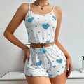 Conjunto de pijamas femininos, 2 peças, regata curta e shorts,  branco, ventilado, macio, casual, estampa de amor