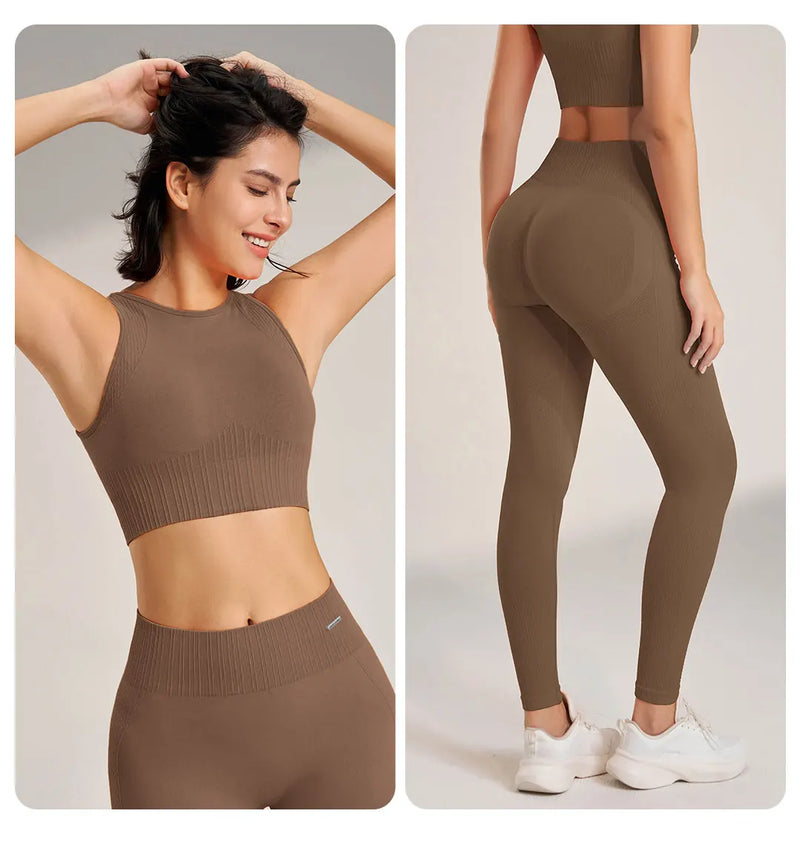 Conjunto de roupas de yoga feminino leggings de cintura alta e superior de duas peças sem costura roupas de exercício de fitness roupa interior de treino de fitness