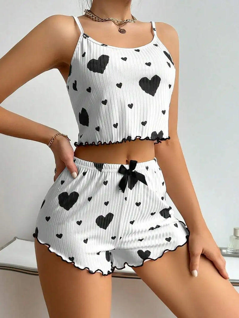 Conjunto de pijamas femininos, 2 peças, regata curta e shorts,  branco, ventilado, macio, casual, estampa de amor