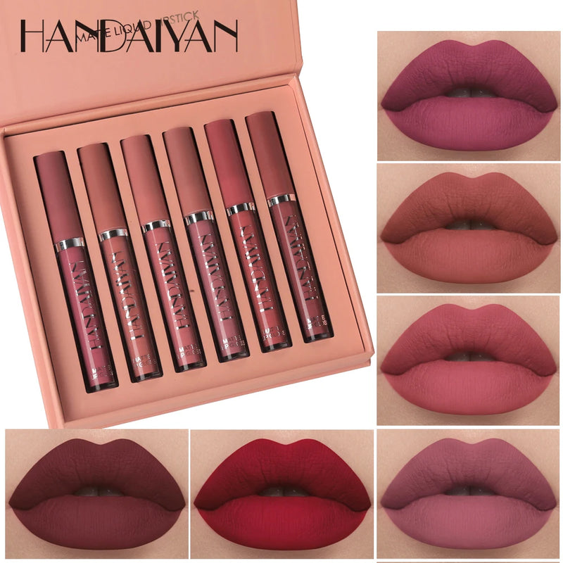 HANDAIYAN Conjunto de 6 Batons Líquidos  
Batons de longa duração com acabamento fosco, antiaderentes e resistentes ao desbotamento. Inclui brilho labial para versatilidade. Perfeito para um visual sofisticado e duradouro,