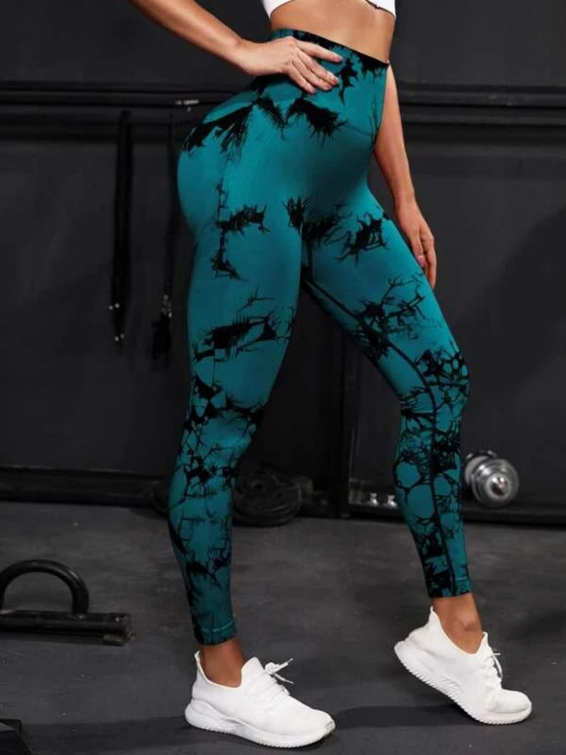 Leggings de cintura alta sem costura femininas leggings tie-dye fitness esportes corrida calças de ioga levantamento de quadril elástico tricô collants