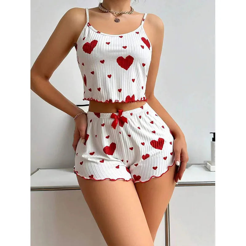 Conjunto de pijamas femininos, 2 peças, regata curta e shorts,  branco, ventilado, macio, casual, estampa de amor