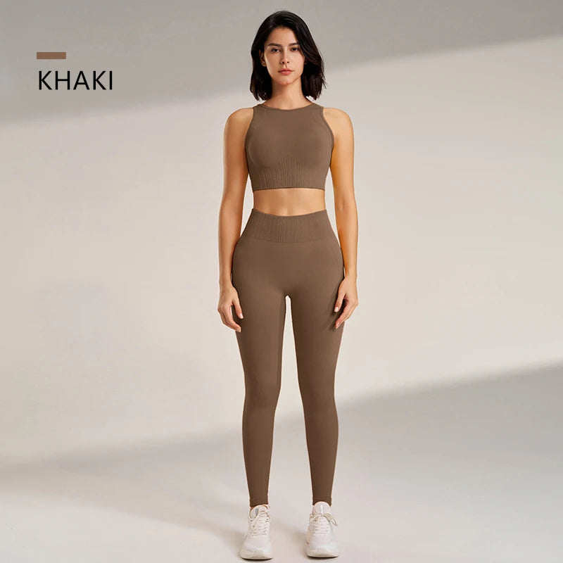 Conjunto de roupas de yoga feminino leggings de cintura alta e superior de duas peças sem costura roupas de exercício de fitness roupa interior de treino de fitness