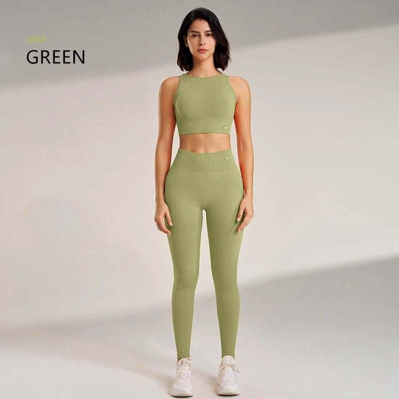 Conjunto de roupas de yoga feminino leggings de cintura alta e superior de duas peças sem costura roupas de exercício de fitness roupa interior de treino de fitness