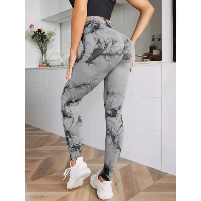Leggings de cintura alta sem costura femininas leggings tie-dye fitness esportes corrida calças de ioga levantamento de quadril elástico tricô collants