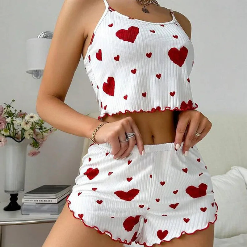 Conjunto de pijamas femininos, 2 peças, regata curta e shorts,  branco, ventilado, macio, casual, estampa de amor