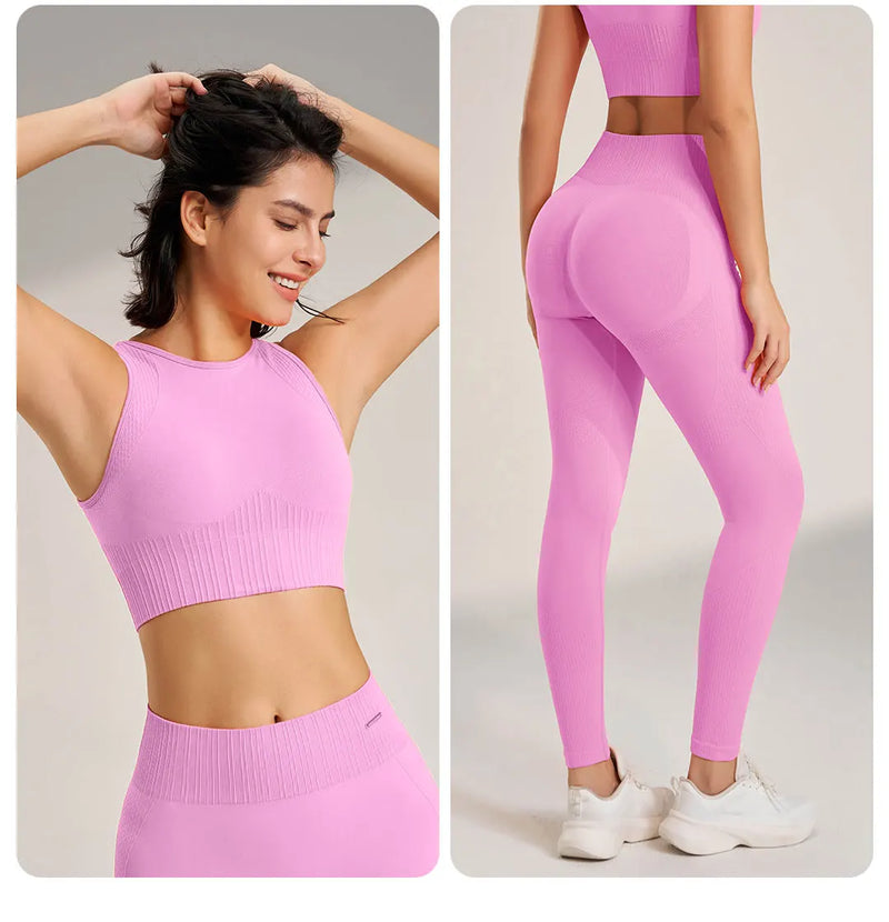 Conjunto de roupas de yoga feminino leggings de cintura alta e superior de duas peças sem costura roupas de exercício de fitness roupa interior de treino de fitness