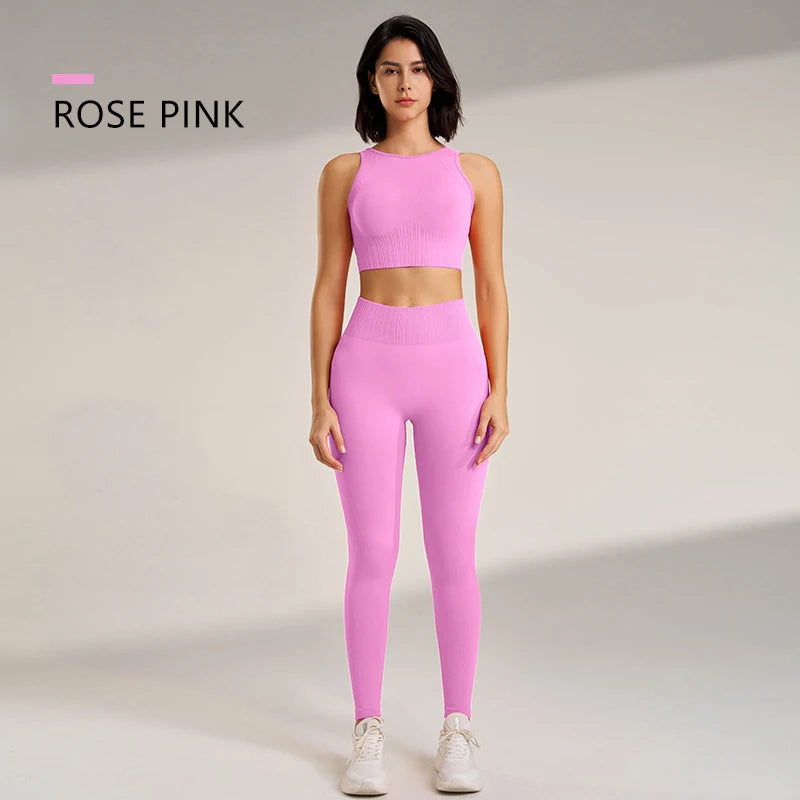 Conjunto de roupas de yoga feminino leggings de cintura alta e superior de duas peças sem costura roupas de exercício de fitness roupa interior de treino de fitness