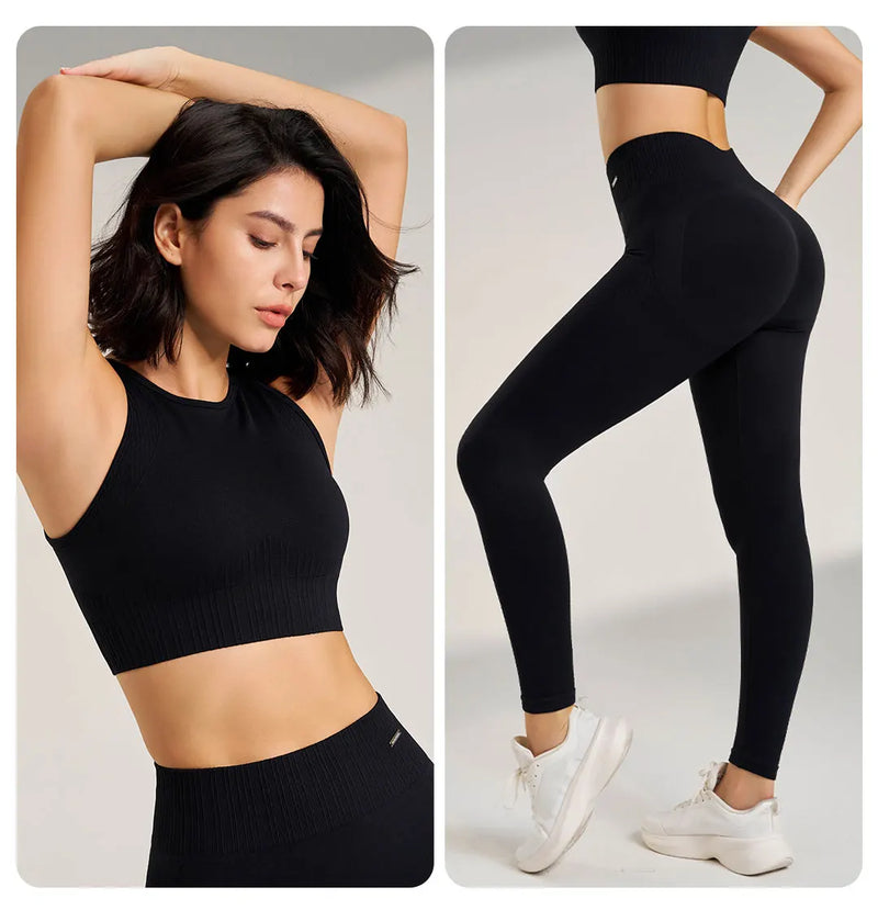 Conjunto de roupas de yoga feminino leggings de cintura alta e superior de duas peças sem costura roupas de exercício de fitness roupa interior de treino de fitness