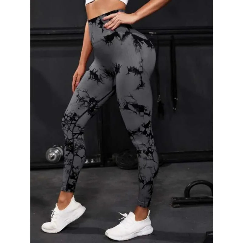 Leggings de cintura alta sem costura femininas leggings tie-dye fitness esportes corrida calças de ioga levantamento de quadril elástico tricô collants
