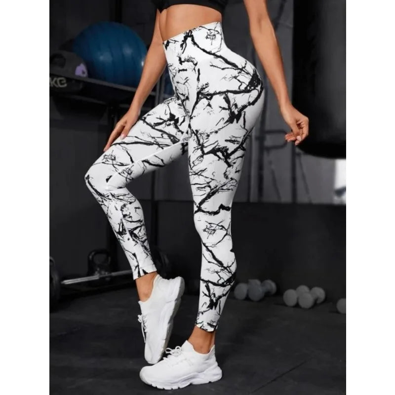 Leggings de cintura alta sem costura femininas leggings tie-dye fitness esportes corrida calças de ioga levantamento de quadril elástico tricô collants