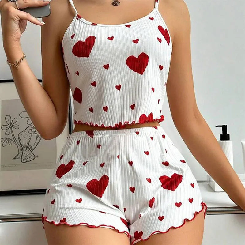 Conjunto de pijamas femininos, 2 peças, regata curta e shorts,  branco, ventilado, macio, casual, estampa de amor