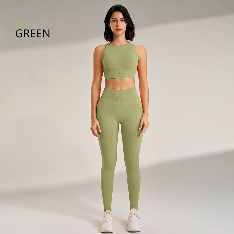 Conjunto de roupas de yoga feminino leggings de cintura alta e superior de duas peças sem costura roupas de exercício de fitness roupa interior de treino de fitness