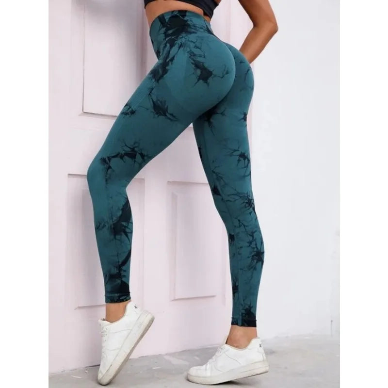Leggings de cintura alta sem costura femininas leggings tie-dye fitness esportes corrida calças de ioga levantamento de quadril elástico tricô collants