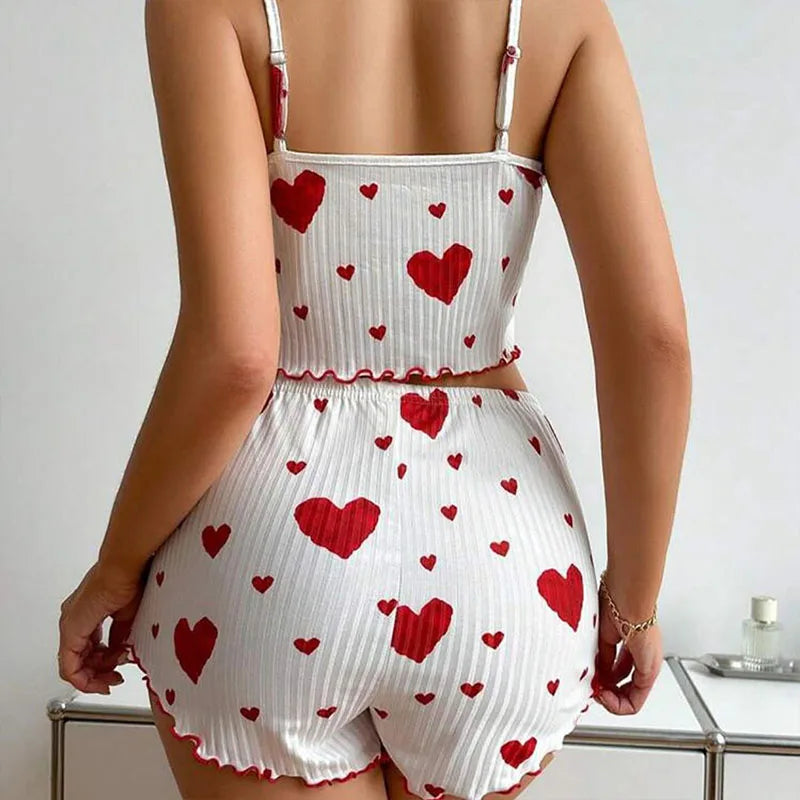 Conjunto de pijamas femininos, 2 peças, regata curta e shorts,  branco, ventilado, macio, casual, estampa de amor