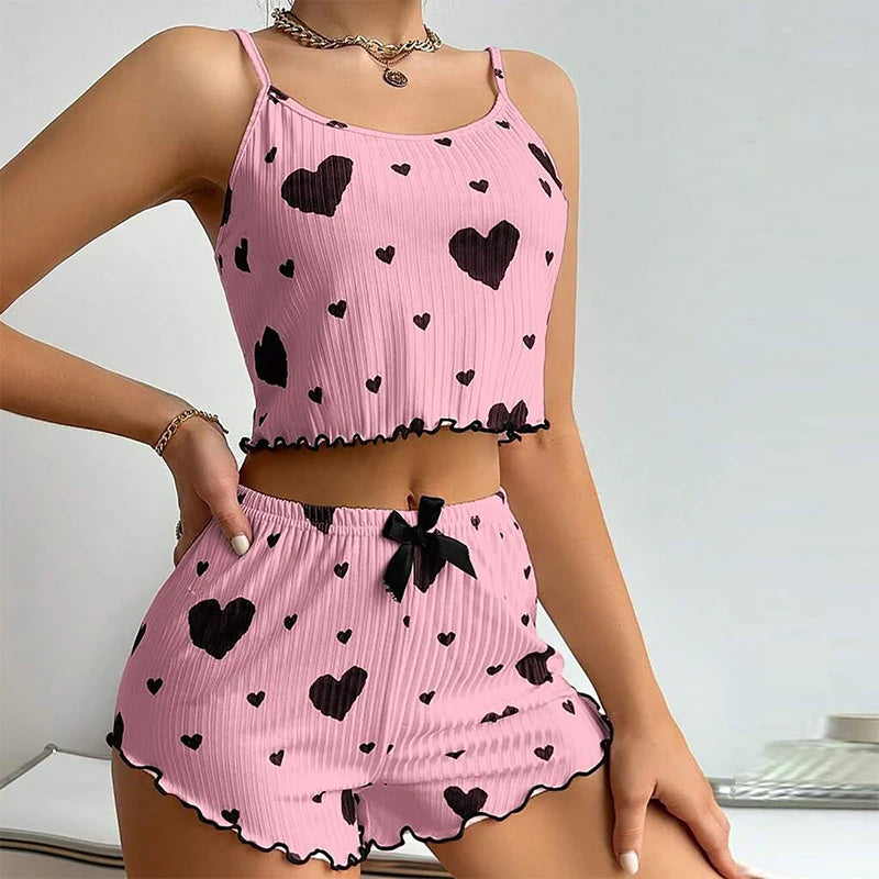 Conjunto de pijamas femininos, 2 peças, regata curta e shorts,  branco, ventilado, macio, casual, estampa de amor